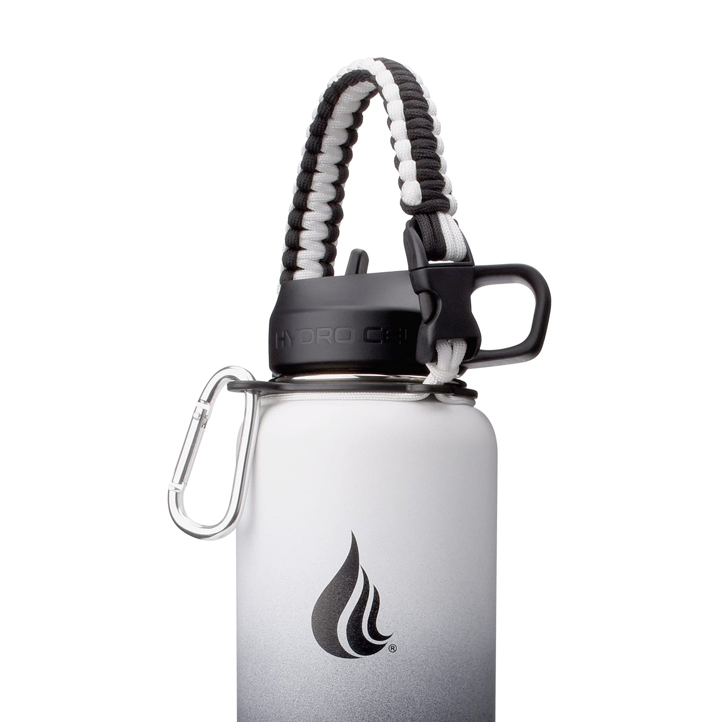 HYDRO CELL Paracord Handle for Wide Mouth Water Bottles - Carrier Strap w/Attachment Ring and Carabiner Accessory. Compatible w/ 64oz, 40oz 32oz, 24oz, 18oz, 14oz Insulated Bottles (Black/White)