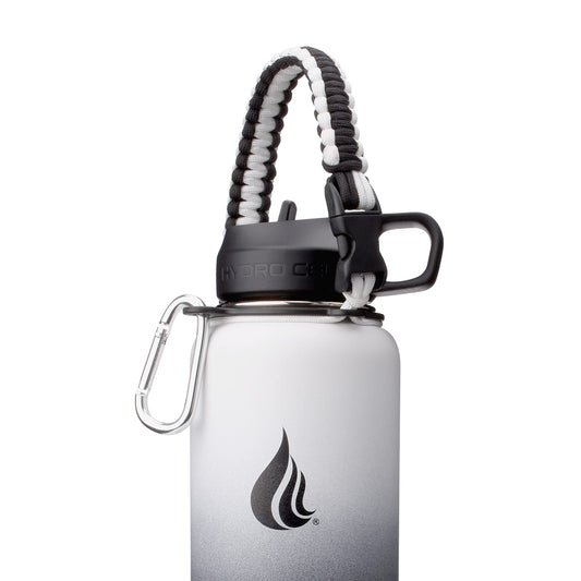 HYDRO CELL Paracord Handle for Wide Mouth Water Bottles - Carrier Strap w/Attachment Ring and Carabiner Accessory. Compatible w/ 64oz, 40oz 32oz, 24oz, 18oz, 14oz Insulated Bottles (Black/White)