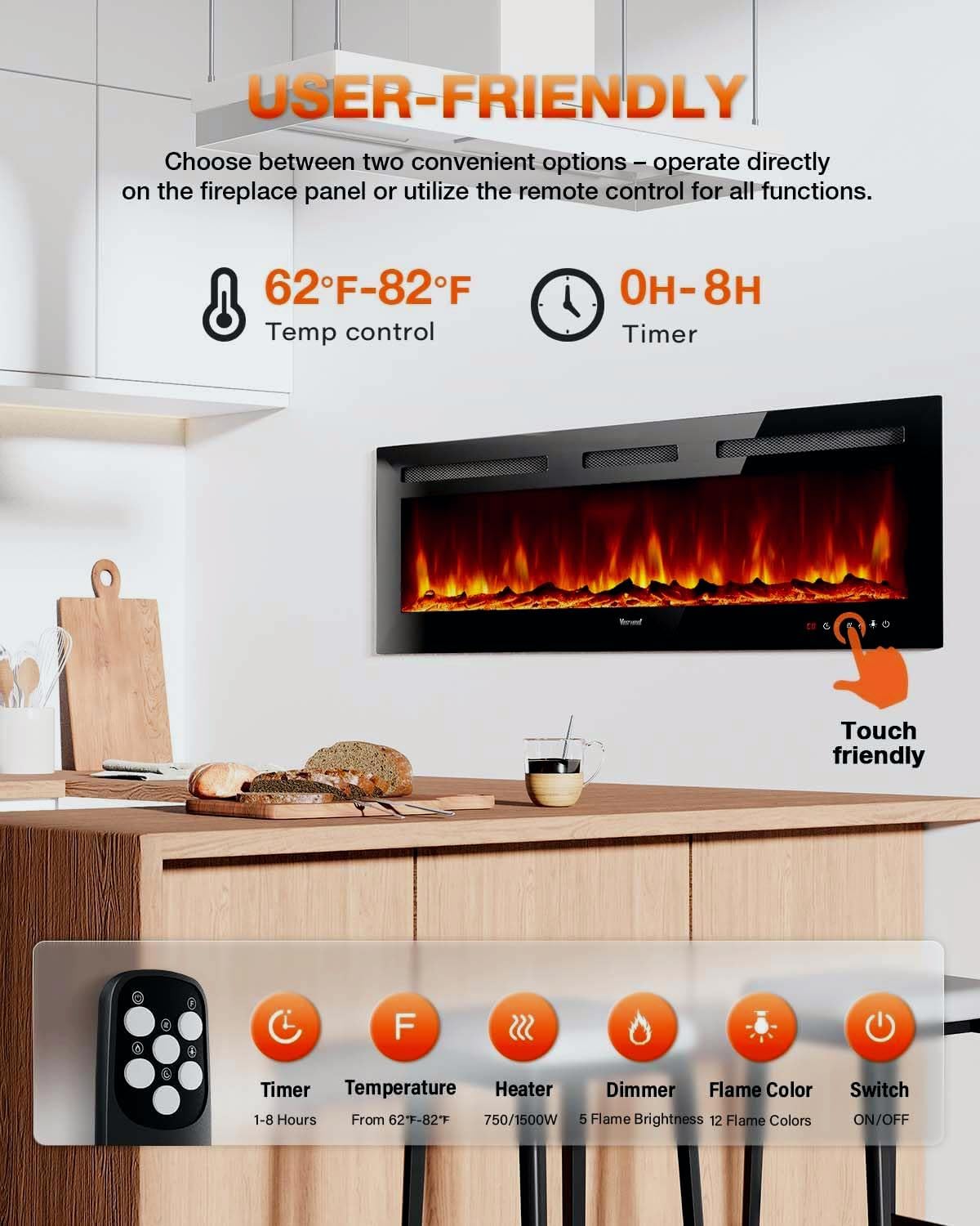 VISVEIL Electric Fireplace 60Inch,Wall Mounted Electric Fireplace Heater with Timer Inserts，TV Stand Touch Screen and Realistic Flame,Log Set,Crystal Flames 750 to 1500W，Remote for Living Room