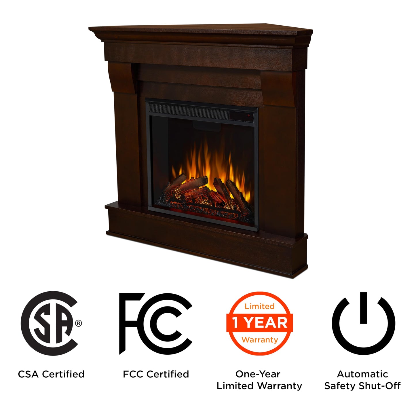 Real Flame Chateau 41" Corner Electric Fireplace with Mantel for Living Room or Bedroom, Replaceable Fireplace Insert Heater, Realistic Log and Flame Effect, Remote Control, Timer.