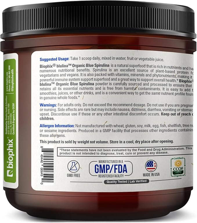biophix Blue Spirulina Powder Organic 6 oz – Natural Dye Pigment Nutrient-Rich Algae – Blue Algae Supplement – Pure Organic Espirulina Azul en Polvo – 170 Servings