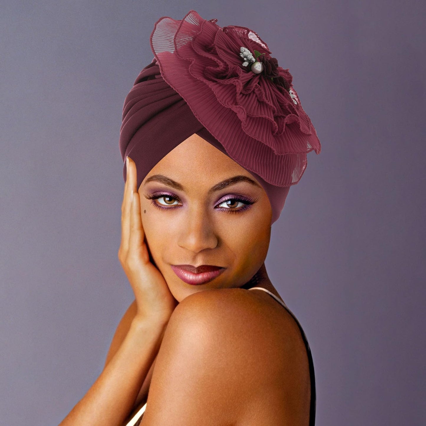 Bohend Flower Turbans Cap Pearl Knot Headwarp Beanie Pre Tied Head Cover Bonnet Women Muslim Stretchy Pleated Headscarf Hat (Polyester, red wine)