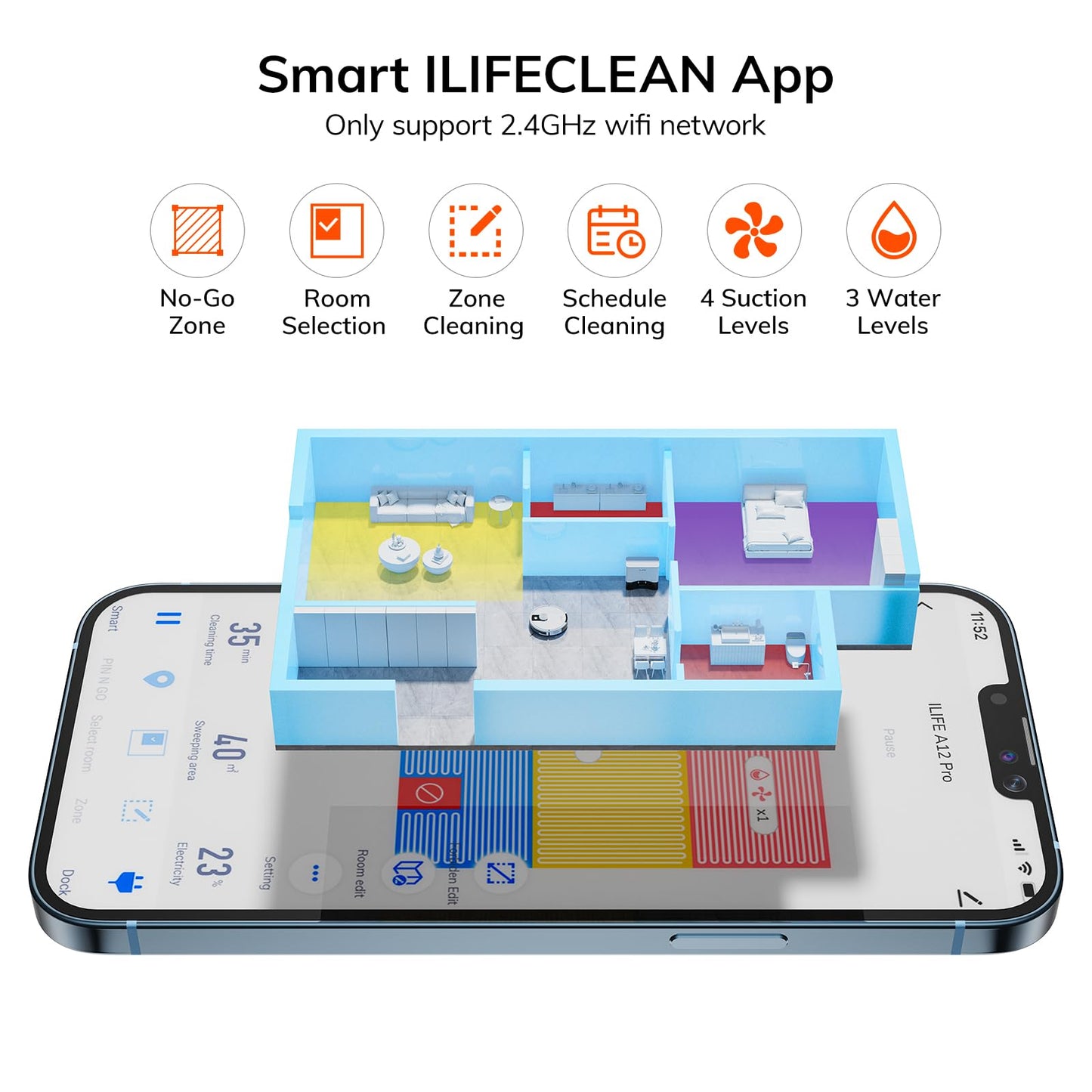 ILIFE A12 Pro Robot Vacuum and Mop Combo, Self Emptying Station for 60 Days, LiDAR Navigation, Home Mapping, No-Go Zones, 2.4G WiFi/App/Alexa/Remote Control, for Hard Floors, 110V