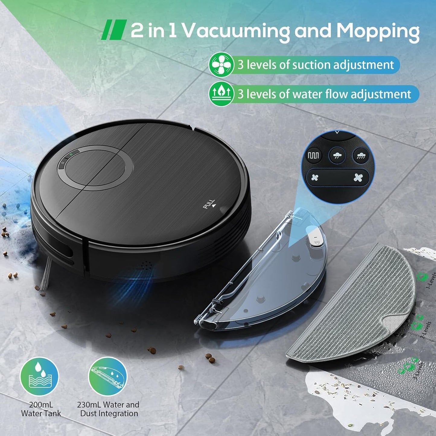 Robot Vacuum and Mop Combo, Robotic Vacuum Cleaner 2 in 1 Vacuuming Mopping with Schedule, Wi-Fi/App/Remote, Max Suction 2000Pa, Self-Charging, Slim, Ideal for Hard Floor, Pet Hair, Low-Pile Carpet