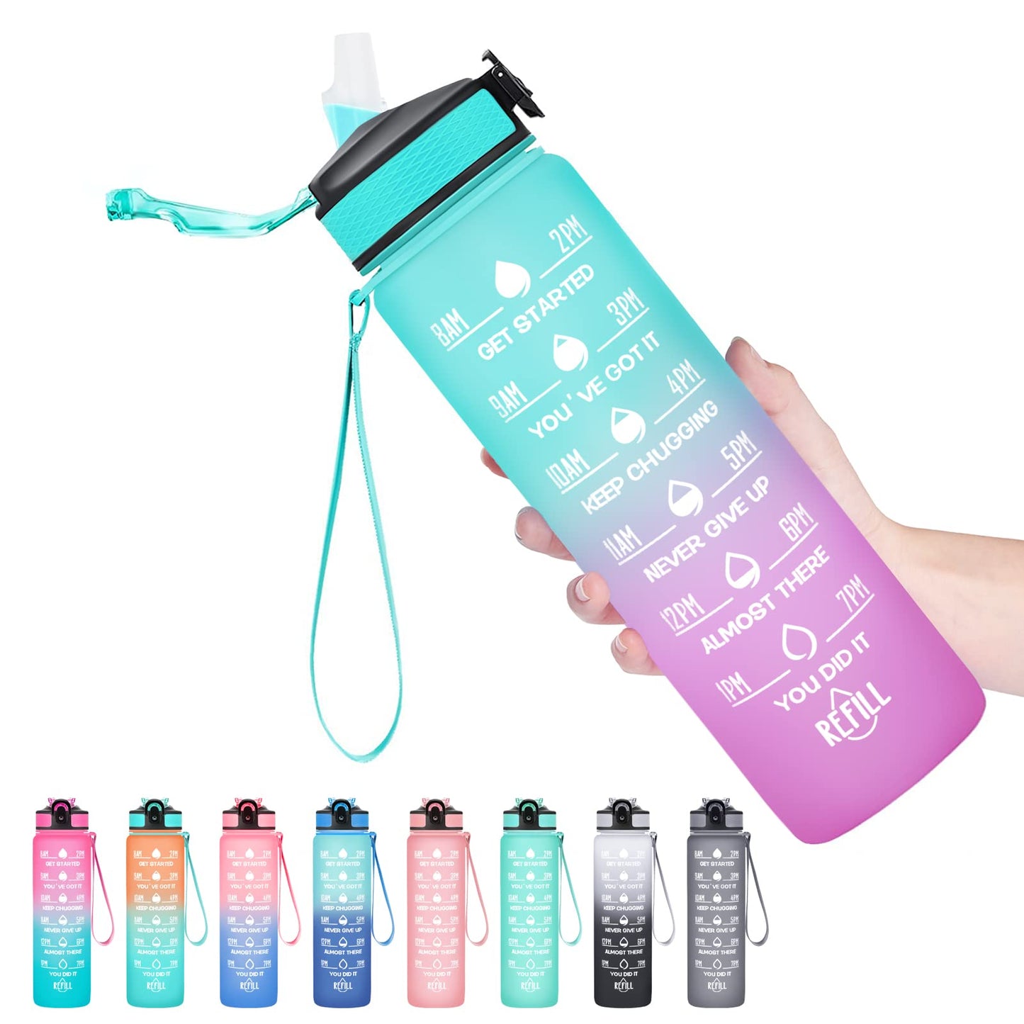 Hyeta 32 oz Water Bottles with Times to Drink and Straw, Motivational Water Bottle with Time Marker, Leakproof, Drinking Sports Water Bottle for Fitness, Gym and Outdoor