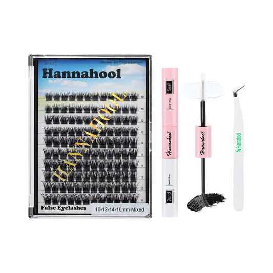 Hannahool 120pcs D Curl Individual Wide Stem Cluster DIY Eye Lashes Extensions Mixed 10-12-14-16mm/14-16-18mm/12-14-16mm Makeup Dramatic Volume Lashes (Lashes kit -mixed 10-12-14-16mm)