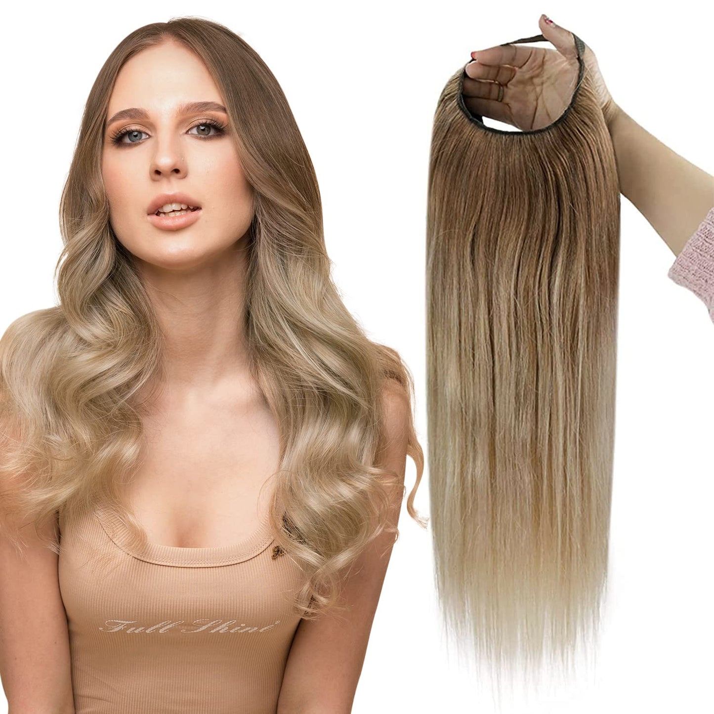 Full Shine U Part Human Hair Wig Balayage Golden Brown Fading to Dark Blonde Half Wig Straight Hair Natural Hair Extensions Full Head Human Hair Wig 100Grams 12Inch