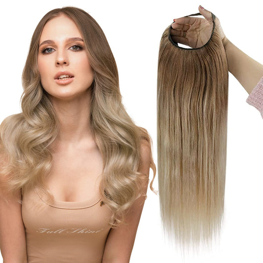 Full Shine U Part Human Hair Wig Balayage Golden Brown Fading to Dark Blonde Half Wig Straight Hair Natural Hair Extensions Full Head Human Hair Wig 100Grams 12Inch