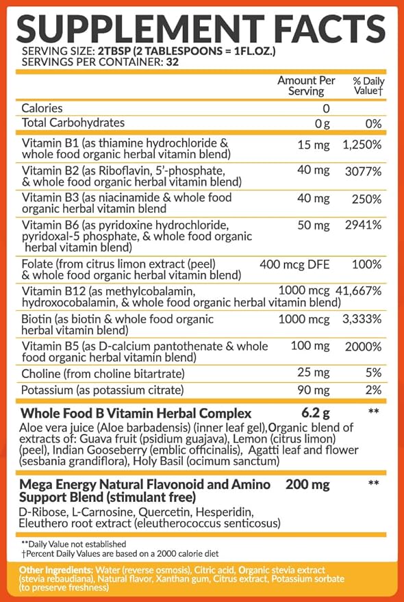 Bio Naturals Vitamin B Complex Liquid Supplement - 100% Natural Energy Boost with Vitamins B1 B2 B3 B5 B6 B12 & Organic Coconut Water for Stress, Mental Focus & Healthy Immune System - 32 fl oz