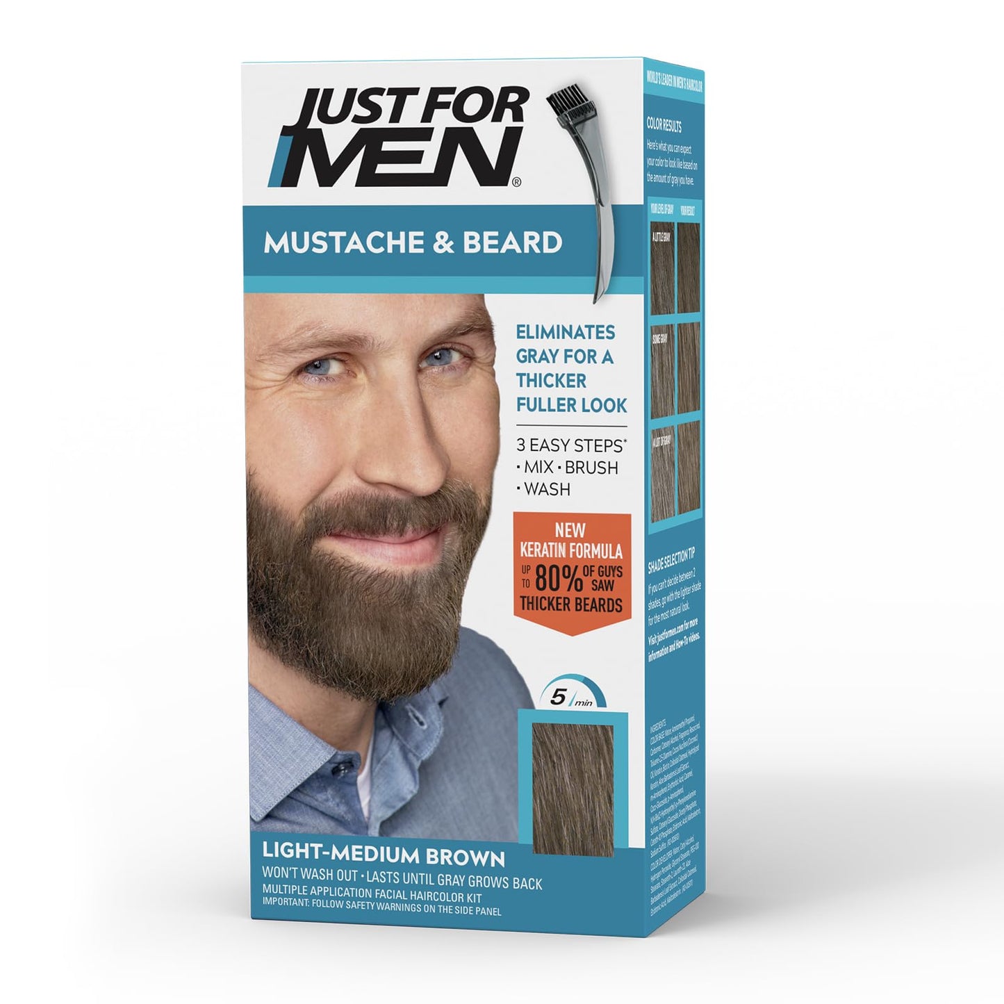 Just For Men Mustache & Beard, Beard Coloring for Gray Hair with Brush, With Keratin Biotin Aloe and Coconut Oil for Healthy Facial Hair - Light-Medium Brown, M-30, Pack of 1 (Packaging May Vary)