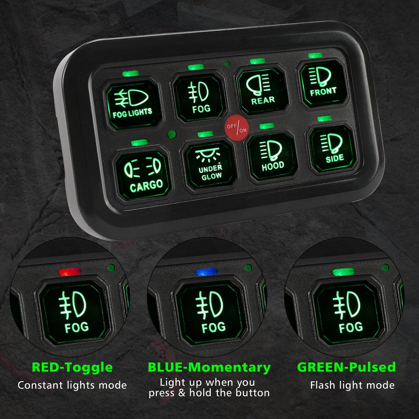 SUNPIE 8 Gang Switch Panel RGB, Toggle Momentary Pulsed Multifunction Bluetooth Switch Panel for Jeep Car SUV ATV UTV Boat Marine, Universal 12V Circuit Control Relay System Box Waterproof