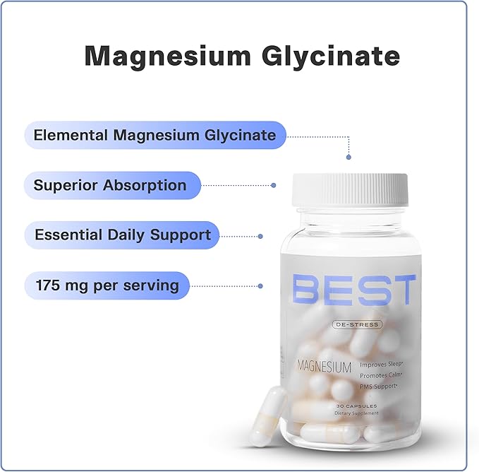 Best Magnesium Glycinate Capsules 175mg | Support for Stress Relief, Sleep, Heart Health, Nervous System and Muscles | Magnesium Supplement to Support Sleep | Vegan | 30 Day Supply - 30 Count