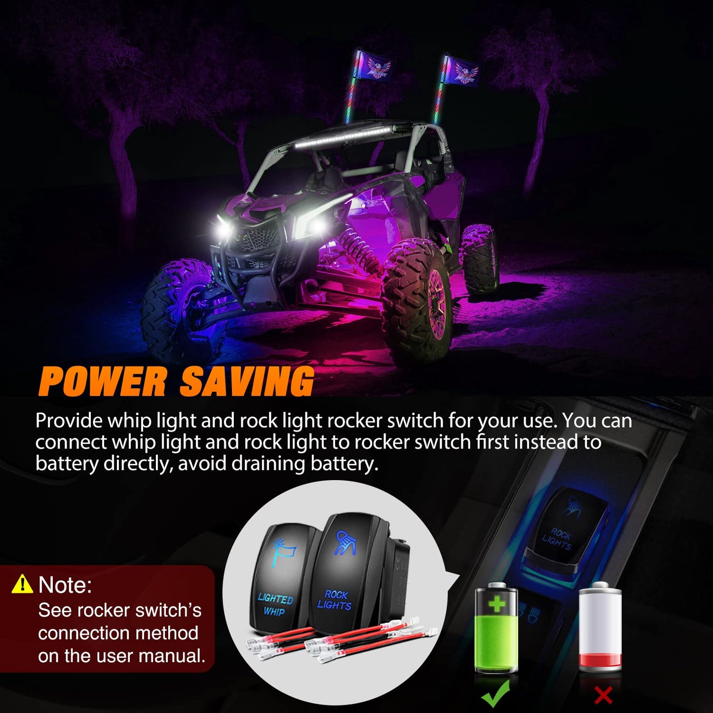 Nilight 2PCS 4FT RGB LED Whip Light and 4 PCS Rock Lights Combo, Remote & App Control w/DIY Chasing Patterns Stop Turn Reverse Safety Antenna Lighted Whips for ATV UTV
