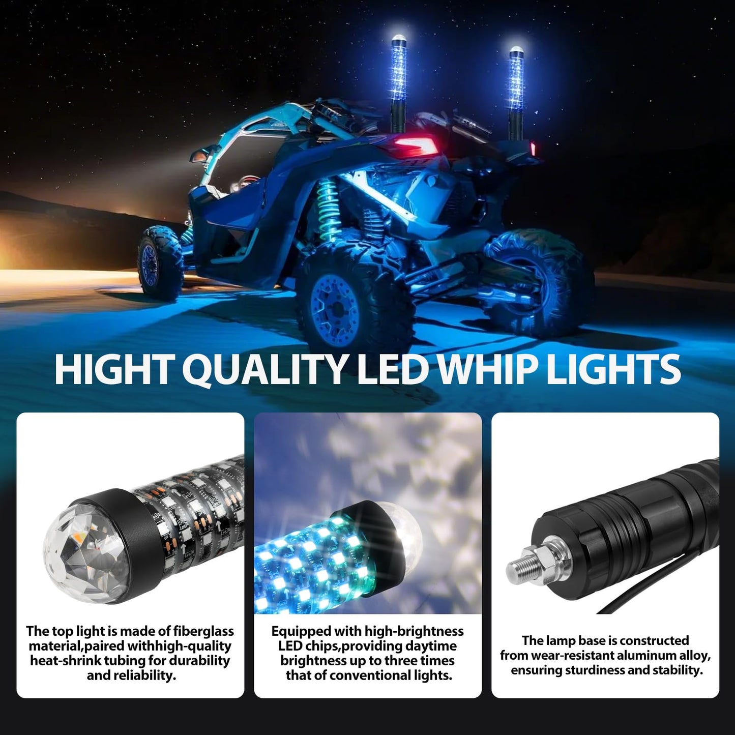 DEERMOTO 2PCS 1FT Fat Whip Light with Warning Light Spiral RGB LED Whip Lights with APP&Remote Control,Chasing Lighted Antenna Whips for UTV ATV Can-Am X3 RZR Can-Am Polaris Buggy Jeep Offroad (1ft)