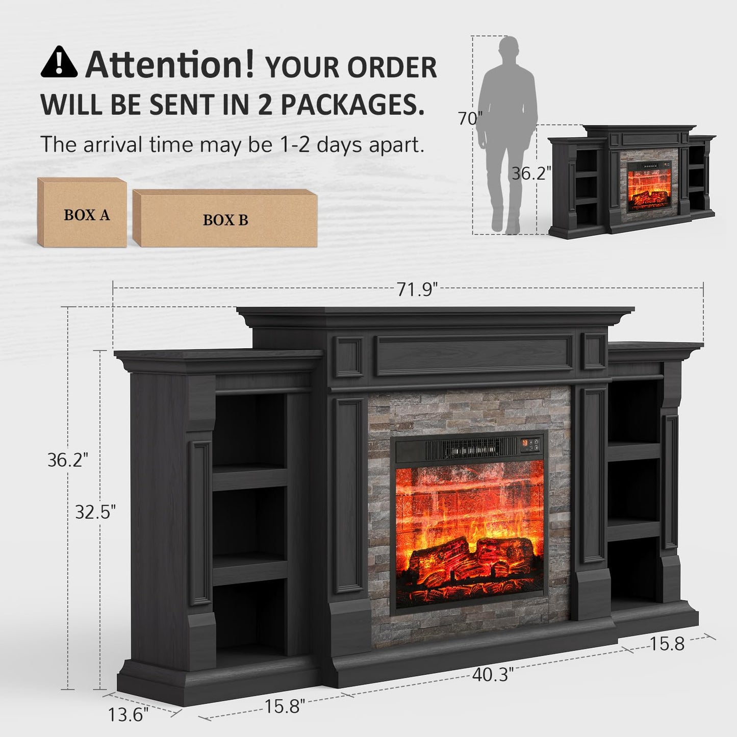 Naice 72" Electric Fireplace with Mantel and Cabinets, Fireplace TV Stand for Living Room Bedroom, Stacked Stone Surround and Remote Control 3D Realistic Flame, Black