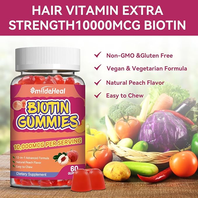 2 Pack Biotin Gummies for Hair Growth 10000 mcg, Hair Skin and Nails Gummies with Folic Acid, Vitamins A, B, C, E & D, Vegan biotin Vitamins for Women & Men, 120 Gummies