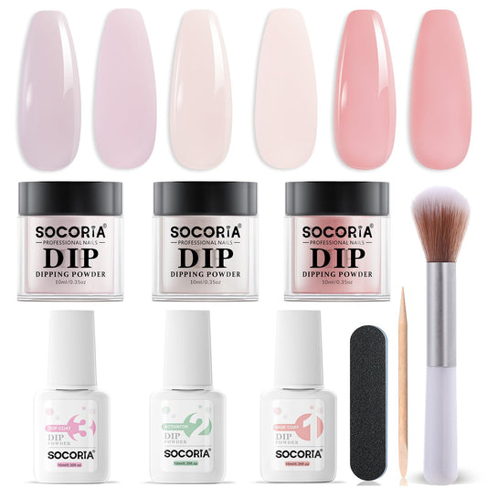 SOCORIA Dip Powder Nail Kit, Light Red Light Purple Skin Color Dipping Powder Liquid Set All Seasons with Base Top Coat and Activator for Nail Art Manicure Salon DIY at Home 9 Pcs