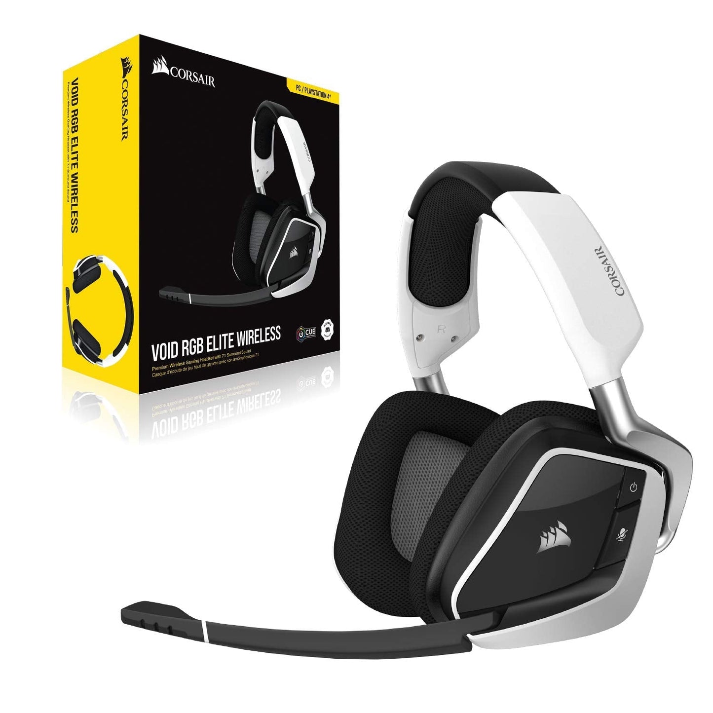 CORSAIR VOID RGB ELITE Wireless Gaming Headset – 7.1 Surround Sound – Omni-Directional Microphone – Microfiber Mesh Earpads – Up to 40ft Range – iCUE Compatible – PC, Mac, PS5, PS4 – White