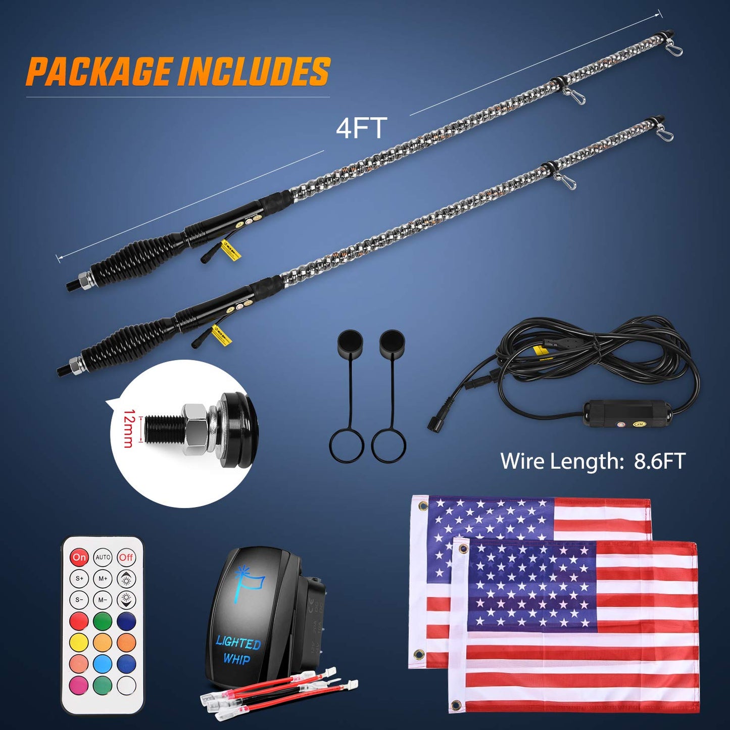 Nilight - TL-27 2PCS 4FT Spiral RGB Led Whip Light with Spring Base Chasing Light RF Remote Control Lighted Antenna Whips for Can am ATV UTV RZR Polaris Dune Buggy Offroad Truck