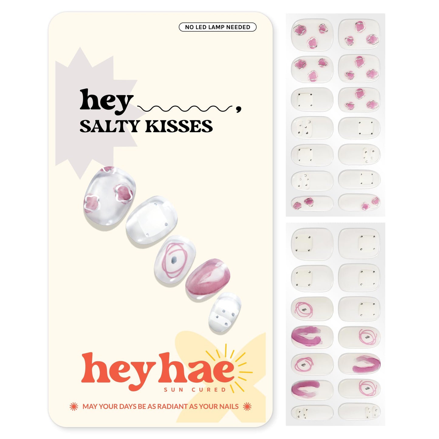 Heyhae Semi Cured Gel Nail Strips | No LED Lamp Needed | Glitter, Pink, Spring | Easy Apply & Remove, Salon Quality | Includes 28 Strips, 1 Prep Pads, Nail File & Wooden Stick - Hey, Salty Kisses