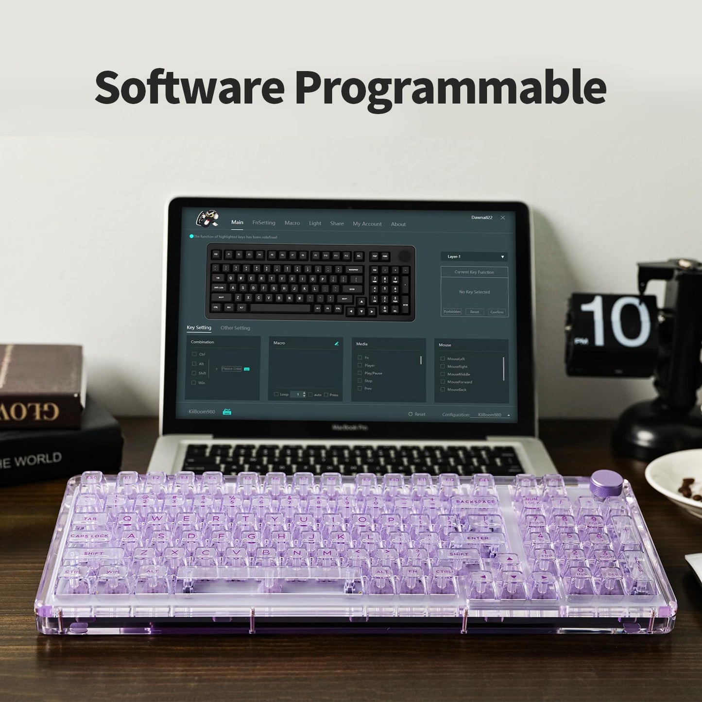 KiiBoom Phantom 98 Hot Swappable Crystal Gasket-Mounted Mechanical Keyboard, Triple Mode NKRO Gaming Keyboard with South-Facing RGB, Clear Keycaps, 8000mAh Battery for Win/Mac (Purple)