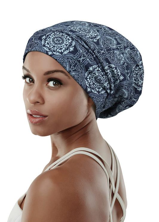 FocusCare Elastic Slap Headwear for Long Frizzy Hair Sleep Slouchy Beanie Dark Blue