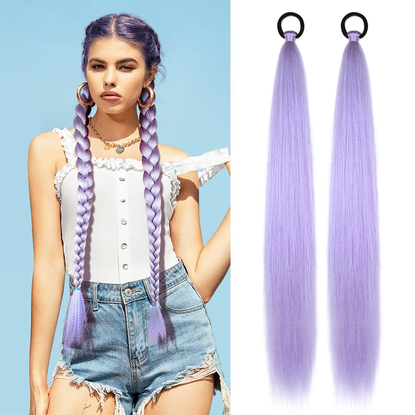 2 Pack Purple Ponytail Extension with Elastic Tie Straight Sleek Wrap Around Braid Ponytail Light Purple 26 Inch (Light Purple#)