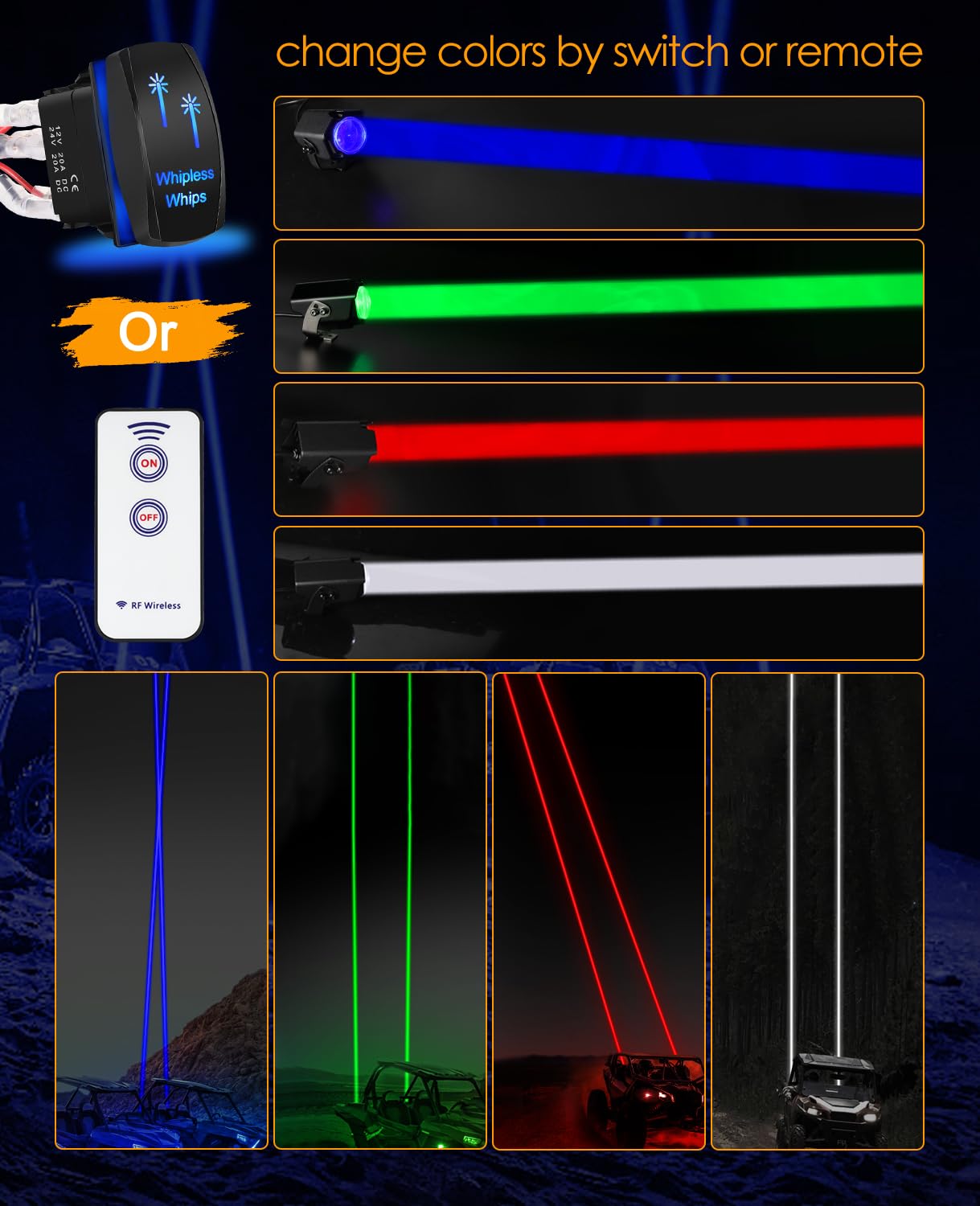 Nirider Whipless Whip Lights with Switch & Remote Whipless Pods RGB Chase Light Antenna LED Light Whips for SXS, UTV, ATV, RZR, Can Am, Dune Buggy, Truck, Boat - 2PCS Red Green Blue White