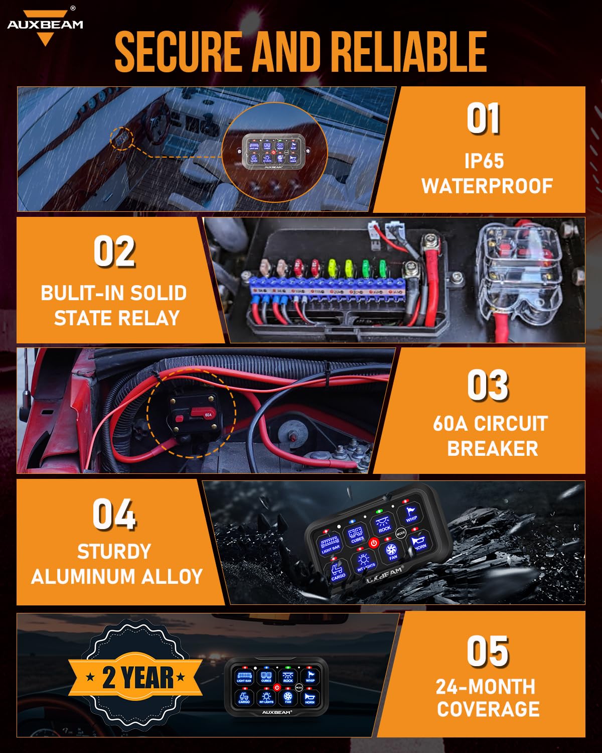 Auxbeam 8 Gang Switch Panel Bluetooth AR-800 RGB Switch Pod with Backlit Off Toggle Momentary Pulsed Auxiliary Switch Panel for Truck SUV ATV Marine RV Multifunction 12-24V Waterproof 2 Years Warranty