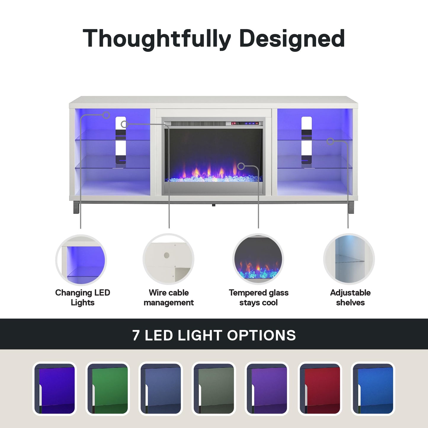 Ameriwood Home Lumina Fireplace TV Stand for TVs up to 70 Inch, Replaceable Electric Fireplace Insert Heater, Remote Control, Timer, Color Changing LED Lights, Crystal Ember Flames, White