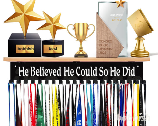 iBobbish Premium Trophy and Medal Display Shelf 16inchL,Metal Trophy Shelf with hooks Upgraded,Large Trophy Board Display,HE BELIEVED HE COULD SO HE DID Medal Hanger display shelf