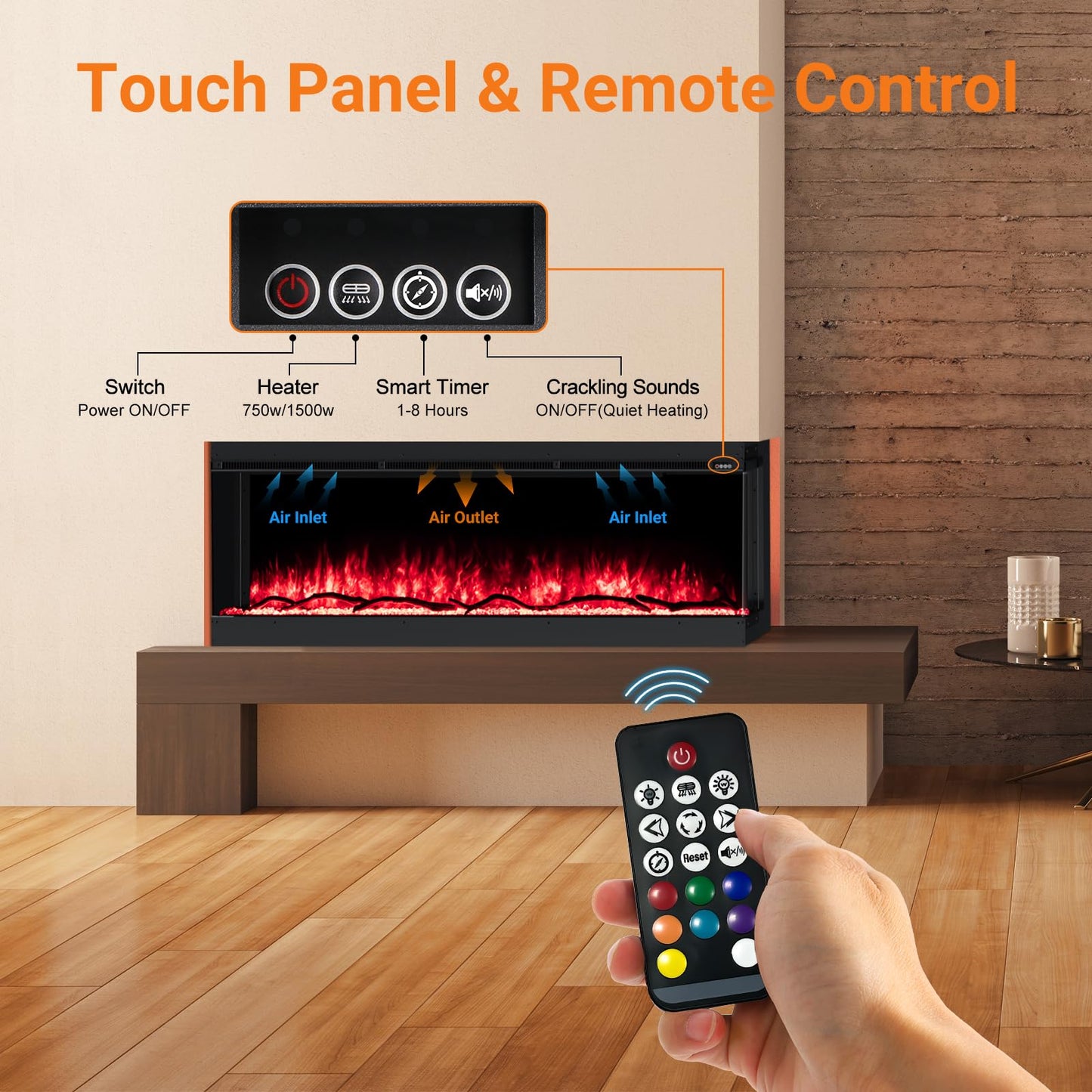 Crumisy 3 Sided Fireplace, 60 inch Fire Place Electric Fireplace Heater, with Realistic Colorful LED Flame, Remote Control, Log and Crystals