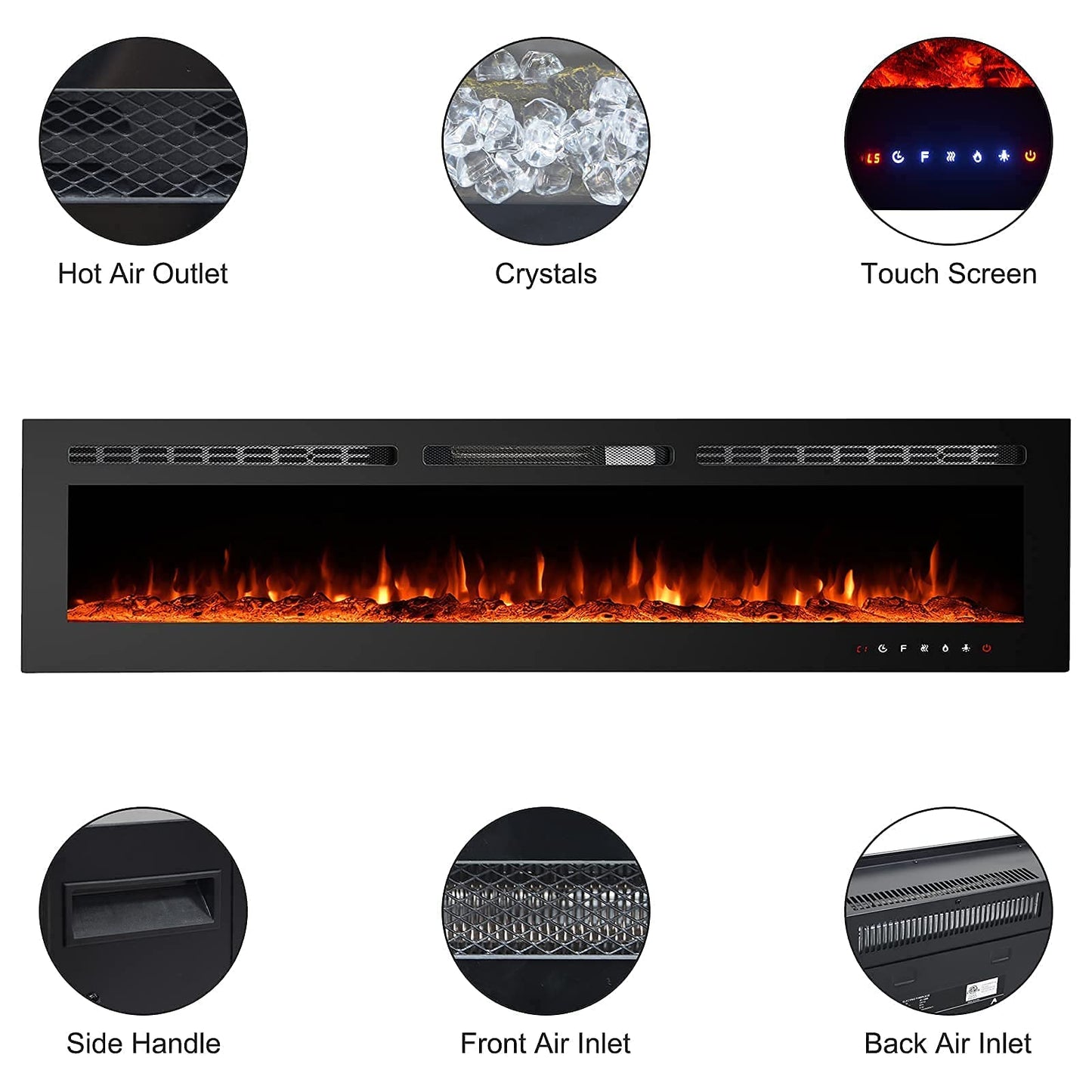 CharaVector 70 inch 750W/1500W Electric Fireplace Inserts with Remote Control in Wall Mounted, Energy Saving LED Insert Fireplace Heater Indoor Glass View with Remote Control & Touch Screen, Black