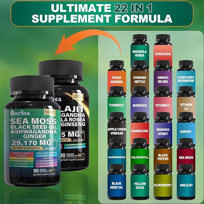 Boysea.Shilajit and Sea Moss Bundle - 90 Count - Sea Moss 7000mg, Black Seed Oil 4000mg, Ashwagandha 2000mg, Ginger & Shilajit 9000mg, Rhodiola Rosea 1000mg, All in 1 Supplements (3 Pack)
