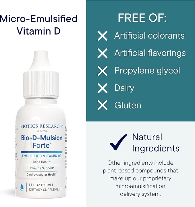 Biotics Research Bio-D-Mulsion Forte Liquid Vitamin D Drops 4000 IU – Vitamin D3 2000iu /Drop for Adults –Best Absorption, Strengthens Bones, Supports Cardiovascular & Immune System -1 fl oz