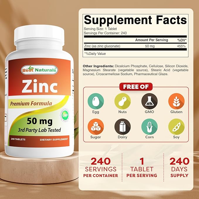 Best Naturals Zinc Supplement as Zinc Gluconate 50mg 240 Tablets - Immune Support