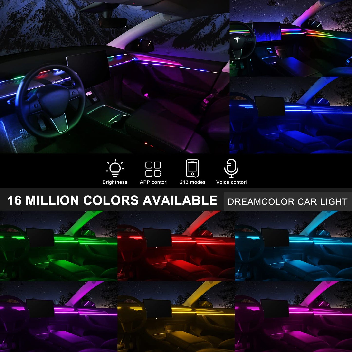 Dreamcolor Acrylic Interior Car LED Strip Light with Wireless APP, RGB 22 in 1 with 175 inches 593 LEDs Fiber Optic Ambient Lighting Kits, 16 Million Colors Sound Active Function Car Neon Lights