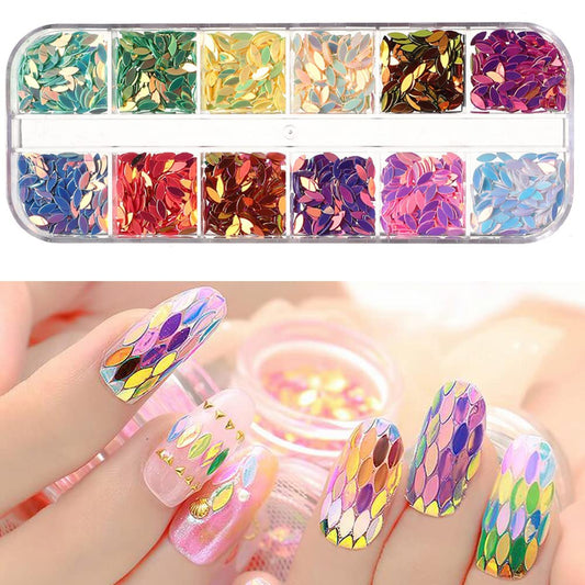 12 Colors Leaf Nail Art Glitter Sequins, Holographic 3D Leaves Nail Art Flakes Designs, Laser Leaf Glitter Acrylic Nails Supplies for Women Girls Manicure Sparkly Decorations, DIY Shiny Crafts