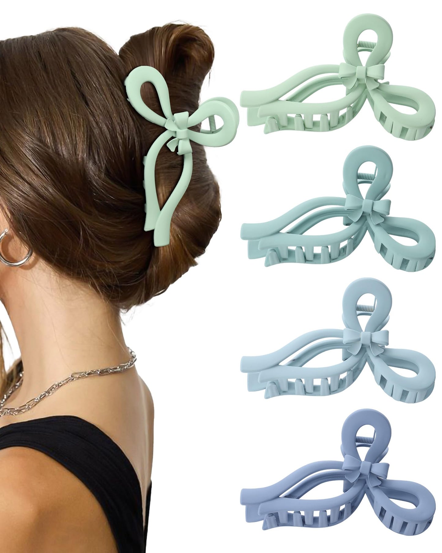 4 PCS Bow Hair Clips for Women Bow Claw Clip 5" Large Hair Claw Clips for Thick and Thin Hair Cute Bows Jaw Clip (Light Blue + Blue + Light Green + Lake Blue)