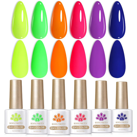 Born Pretty Neon Gel Nail Polish Luminous Glow in Dark Gel Polish Neon Gel Nail Polish Set Fluorescent Gel Polish Orange Hot Pink Blue Yellow Green Purple Vibrant Spring Summer Gel Polish 7ML