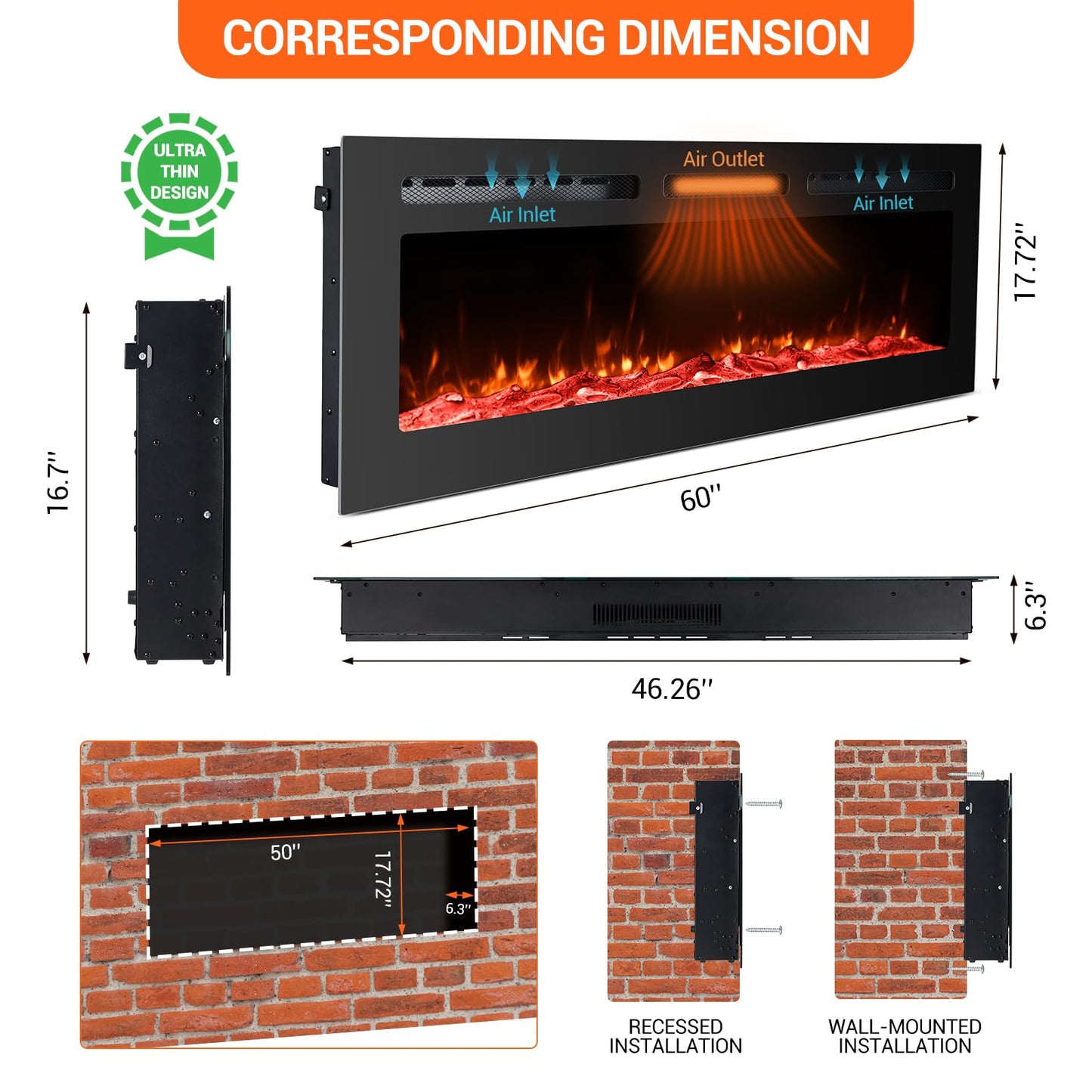 Takywep Electric Fireplace, 60 Inches, 5120 BTU Heat Output, 12 Flame Color, Black, Wall-Mounted or Recessed, Timer, Quiet Operation, Multicolor Flame, Faux Logs, Crystal Stones