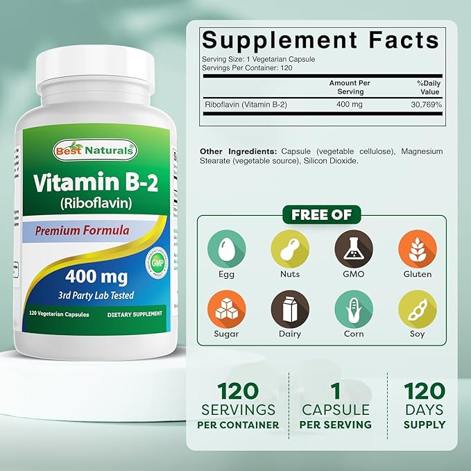 Best Naturals Vitamin B2 (Riboflavin) 400mg - Migraine Relief - Veggie Capsules - Conezyme Precursor - 120 Count