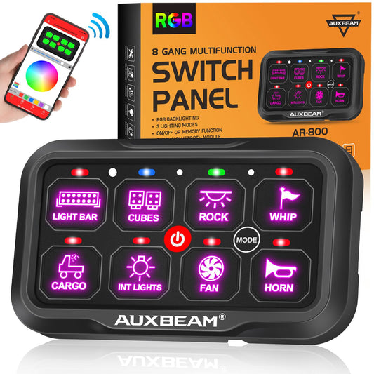 Auxbeam 8 Gang Switch Panel Bluetooth AR-800 RGB Switch Pod with Backlit Off Toggle Momentary Pulsed Auxiliary Switch Panel for Truck SUV ATV Marine RV Multifunction 12-24V Waterproof 2 Years Warranty