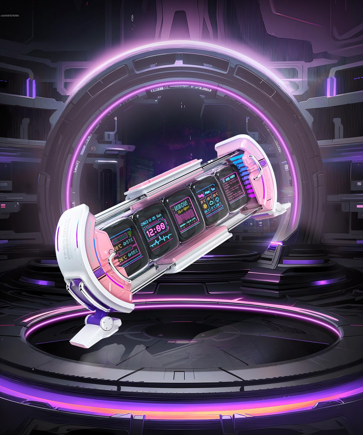 Divoom Times Gate Cyberpunk Digital Clock - Smart App Control, WiFi Connectivity, RGB LED Display, Customizable Dashboard & Pixel Art for Gaming Room and Office Decor (Pink)