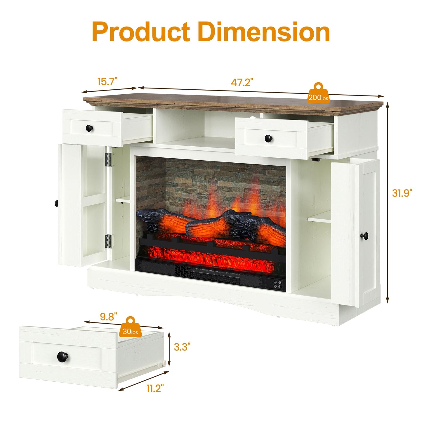 RoyalCraft Fireplace TV Stands with for TVs up to 55'', Media Console Table with Adjustable Shelves, Double-Door Design, Entertainment Center for Living Room, White and Rustic Oak