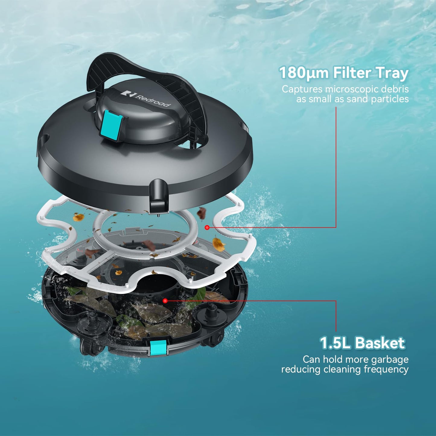 Redroad S1 Cordless Pool Vacuum Robot, Pool Vacuum Lasts 130 Mins, Self-Parking, Ideal for Above/In-Ground Flat Pools up to 1100 sq.ft, Maximum Climbing Angle 18 Degrees