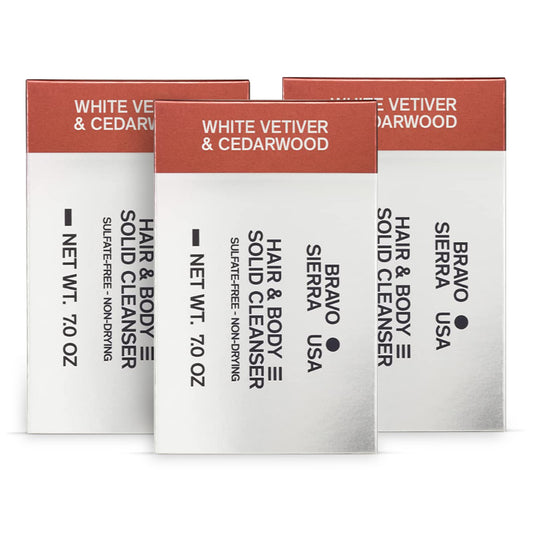 Bravo Sierra Body And Hair Shampoo Bar All-In-One Mens Solid Cleanser Soap For Face & Body - 3-Pack (White Vetiver & Cedarwood)