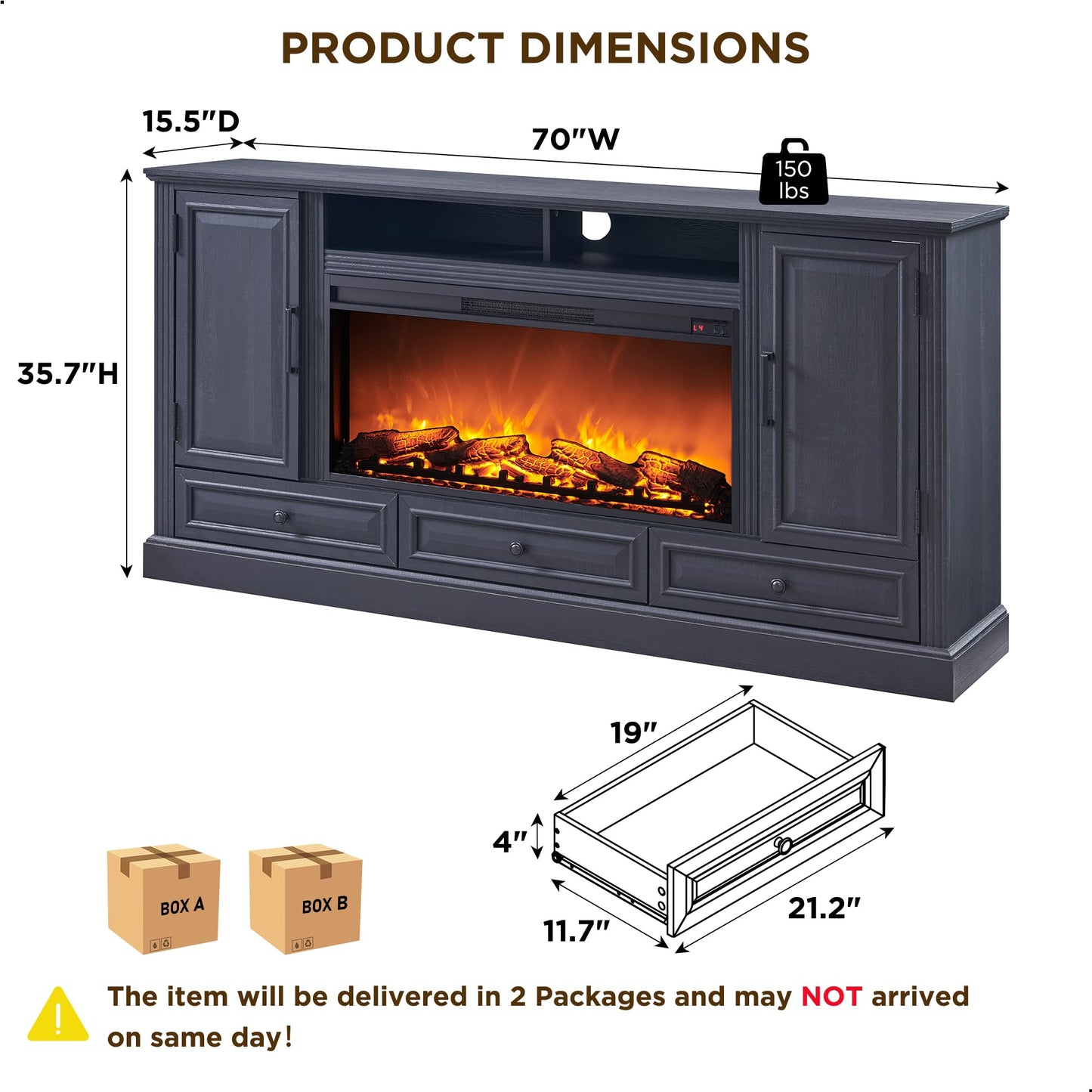 ACCOHOHO Fireplace TV Stand for 80 Inch TV, 35.7" Tall Farmhouse Entertainment Center W/36'' Electric Fireplace, Media Console with Large Storage Cabinets and Drawers for Living Room, Black