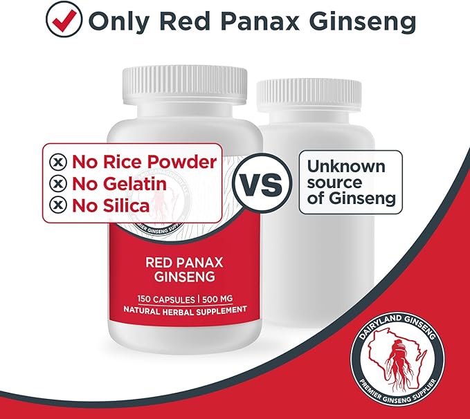 100% Authentic Korean Red Panax Ginseng Capsules -500 mg. Potent Ground Ginseng Root Extract Powder - No Fillers, Binders or Other Additives. (150 ct)