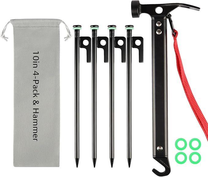 Tent Stakes Heavy Duty & Hammer Set,with 12in Tent Stake Remover +10 in Steel Tent Pegs+Storage Bag +Fluorescent Rubber Circle for Camping Used on Rocks, Grassland,Canopies (10"- 4pack & 12" Hammer)